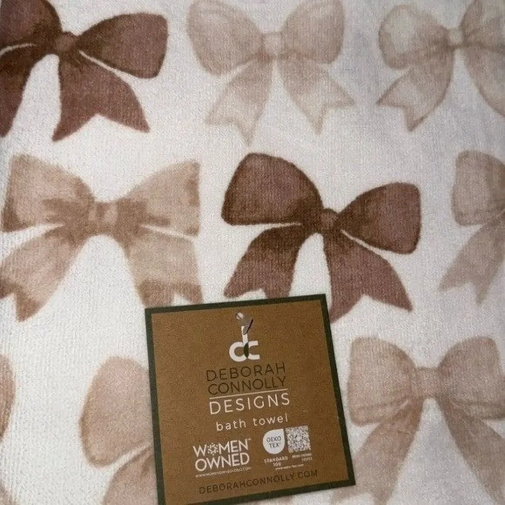 NWT Deborah Connolly 12 Piece Velour Cotton Bath Towel Set White Brown Tan Bows